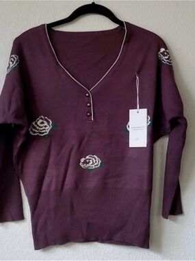 Anthropologie Plum Knit Top with Sequin Floral Detail
